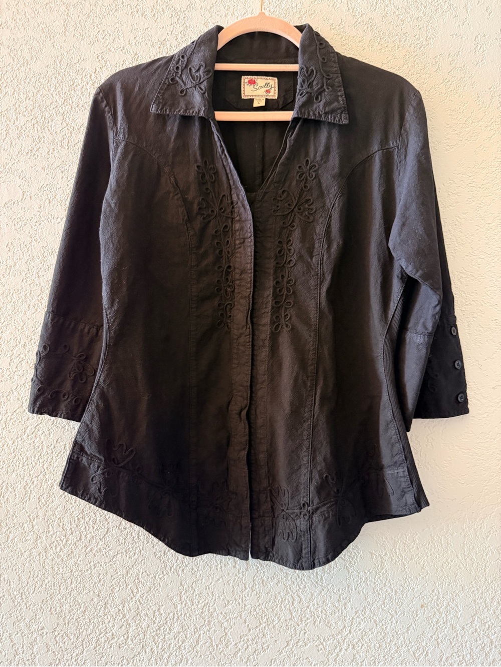 SCULLY Women’s Black Western Button-Up 3/4 Sleeve ShirtEmbroidered Rodeo Large